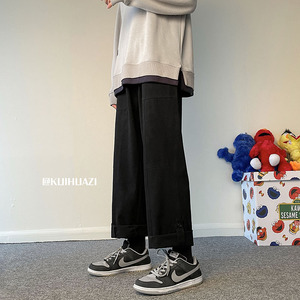 秋装港风宽松立体卷边休闲裤ins直筒裤男K3677 P45控58图片