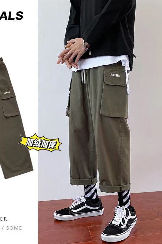港风冬季潮流加绒加厚宽松字母刺绣休闲工装裤K2061P60控78,男装休闲裤,电商B315