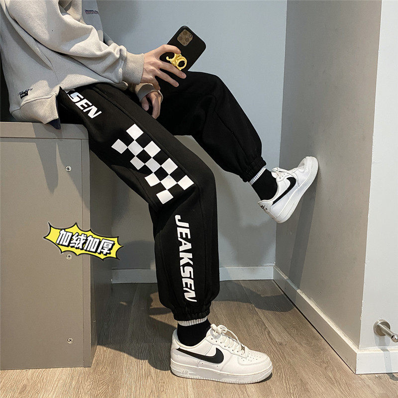 冬季新品港风加绒加厚卫裤青少年宽松印花裤男 K2122 P55控价68图片