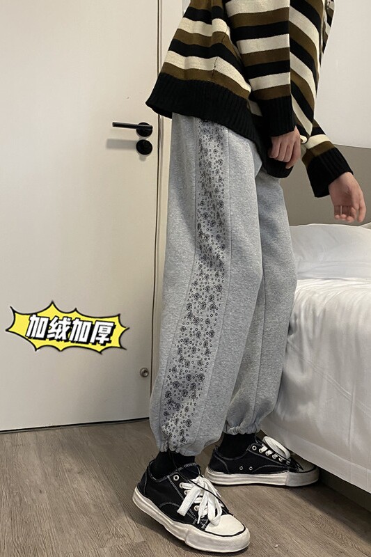 秋冬港风加绒加厚满天星印花宽松大码休闲裤卫裤男K2109P50控68,男装休闲裤,电商B315