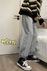 秋冬港风加绒加厚满天星印花宽松大码休闲裤卫裤男 K2109 P50控68图片