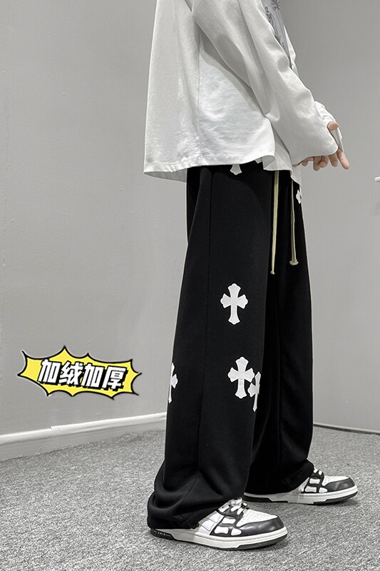 冬季港风高街男士加绒加厚十字架印花拖地卫裤K3663JP55控68,男装休闲裤,电商B315