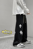 冬季港风高街男士加绒加厚十字架印花拖地卫裤K3663JP55控68，男装休闲裤，电商B315