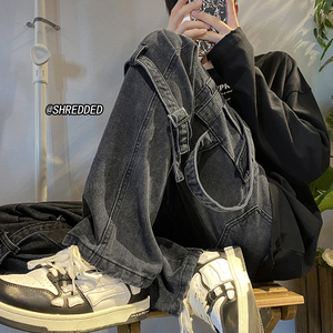 水洗复古飘带工装牛仔裤直筒宽松美式高街长裤K5391-P75控88 B315图片
