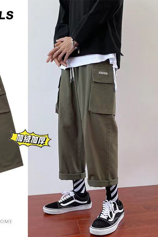 港风冬季潮流加绒加厚宽松字母刺绣休闲工装裤K2061P60控78,男装休闲裤,电商B315