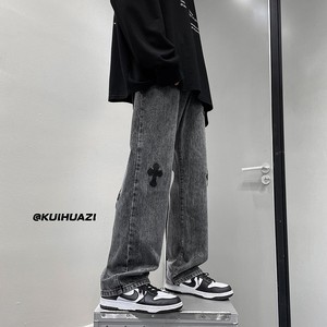 2023春季新款港风宽松拖地牛仔裤十字架长裤 K3651 P55控68图片