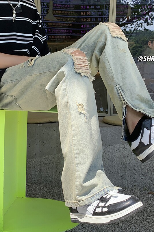夏季港风破洞拉链脚口牛仔裤印花宽松休闲长裤K5053B315P55控68,男装休闲裤,电商B315