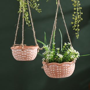 草编吊兰花盆垂吊悬挂盆吸水红陶盆绿萝吊篮盆多肉小吊篮盆栽挂盆