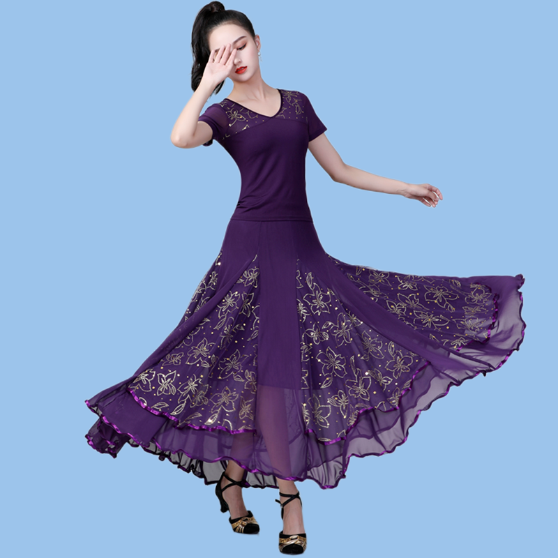 拉丁舞半身高腰大摆舞蹈长裙摩登国标交谊广场舞中老年亮片跳舞裙