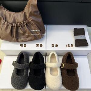 晚风呢子毛毛鞋女外穿玛丽珍鞋女软底秋冬保暖单鞋加绒灰色勃肯鞋
