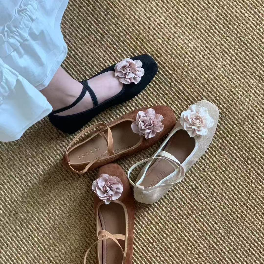 仙女风交叉带浅口玫瑰花单鞋女