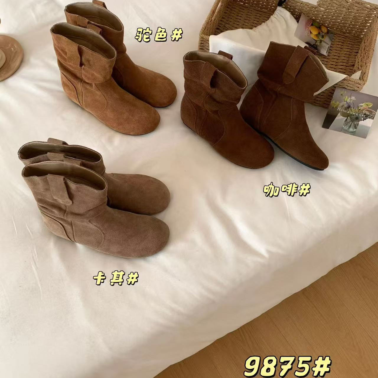 磨砂牛皮内增高复古短靴女