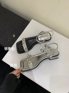 女粗跟露趾一字带罗马绝美凉鞋 黑色蝴蝶结水钻凉鞋 ALILOVERS法式