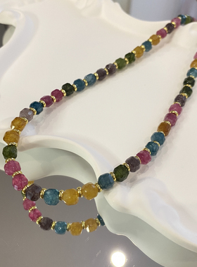 【凝彩】彩虹糖果碧玺玉髓海棠石串珠项链女复古度假风锁骨链颈链