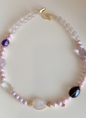 天然粉珍珠粉水晶多宝项链茶晶紫水晶白水晶四叶草设计感毛衣链