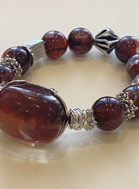 天然红胶花魔盒单圈手链女925银牛血红胶花手串女友闺蜜生日礼物