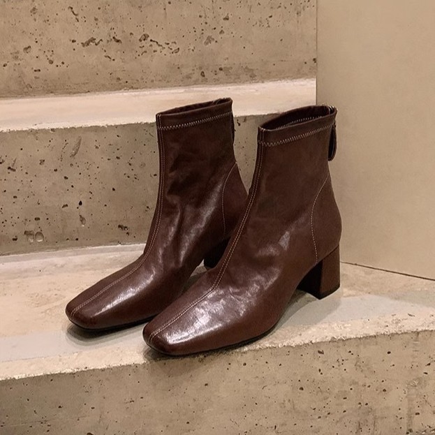 法式小方头缩纹马皮显瘦瘦瘦短靴