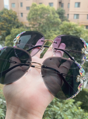 原创水钻防紫外线太阳镜显瘦镶钻蛤蟆眼镜韩版户外百搭脸小太阳镜