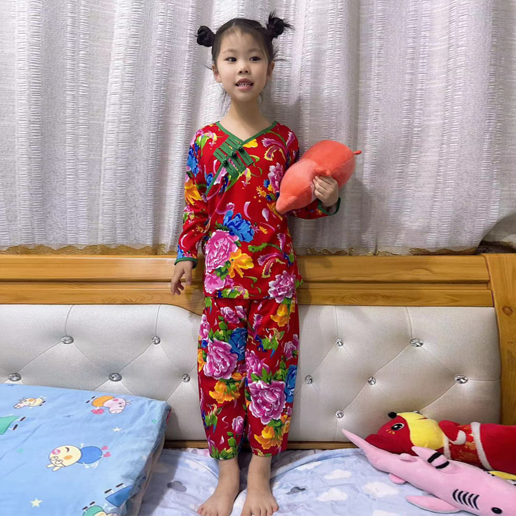 儿童款东北大花家居服两件套秋冬新款中国风V领盘扣德绒睡衣+睡裤