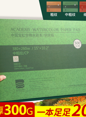 宝虹水彩本16k8k全棉300g艺术家学院级专业水彩纸美术生用四面封胶细纹中粗32k画纸初学者儿童专用随身绘画本
