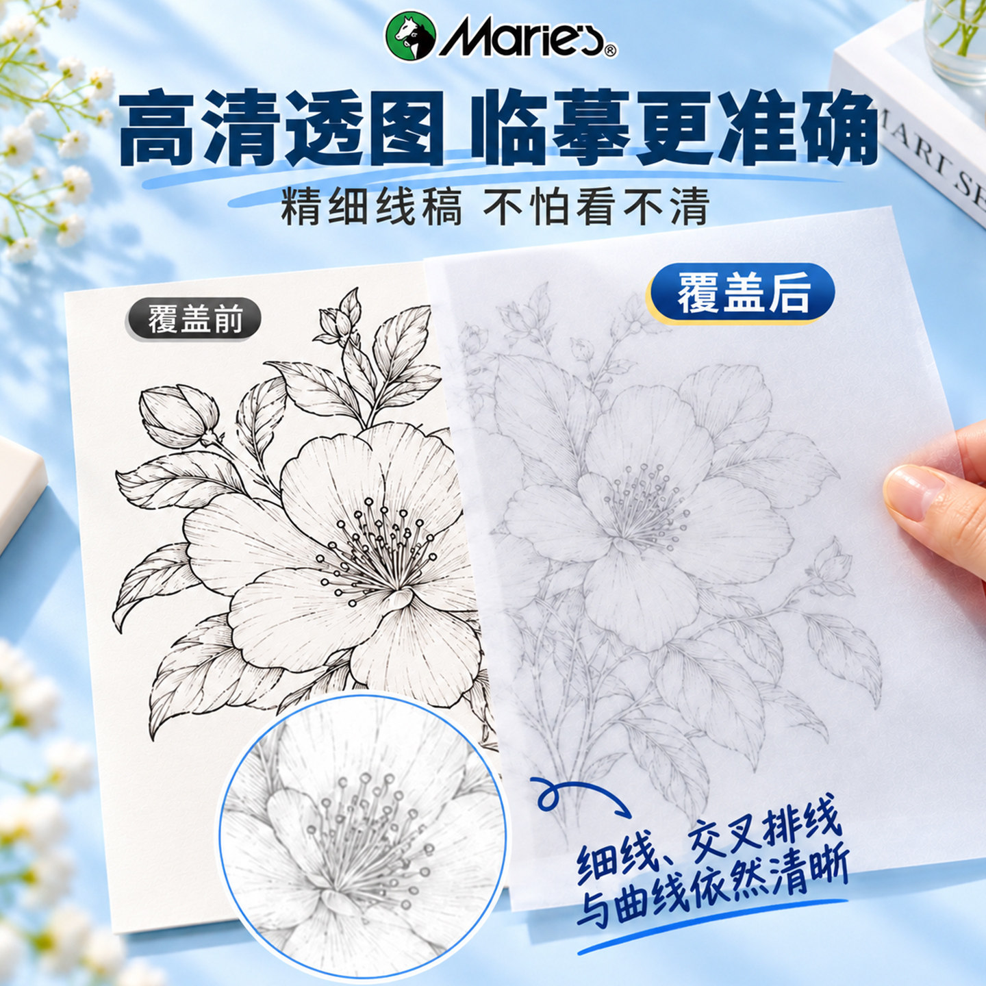 马利透明硫酸纸临摹纸高透画画描图纸a3a4美术专用复写纸素描拷贝拓印画纸橡皮章图案转印纸建筑设计练字描摹