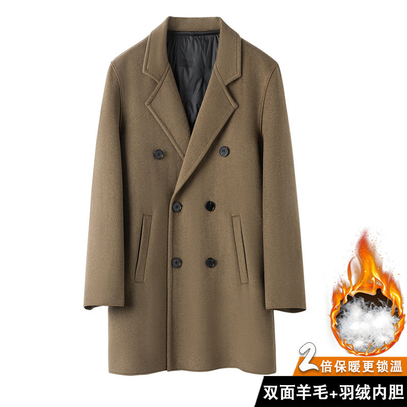 RUIPE中长款羽绒羊毛大衣双面羊绒男士休闲双面呢翻领双排扣大衣