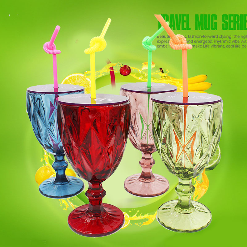 美容美发专用高脚杯彩色带盖子定制LOGO玻璃杯果汁杯喝水杯红酒杯