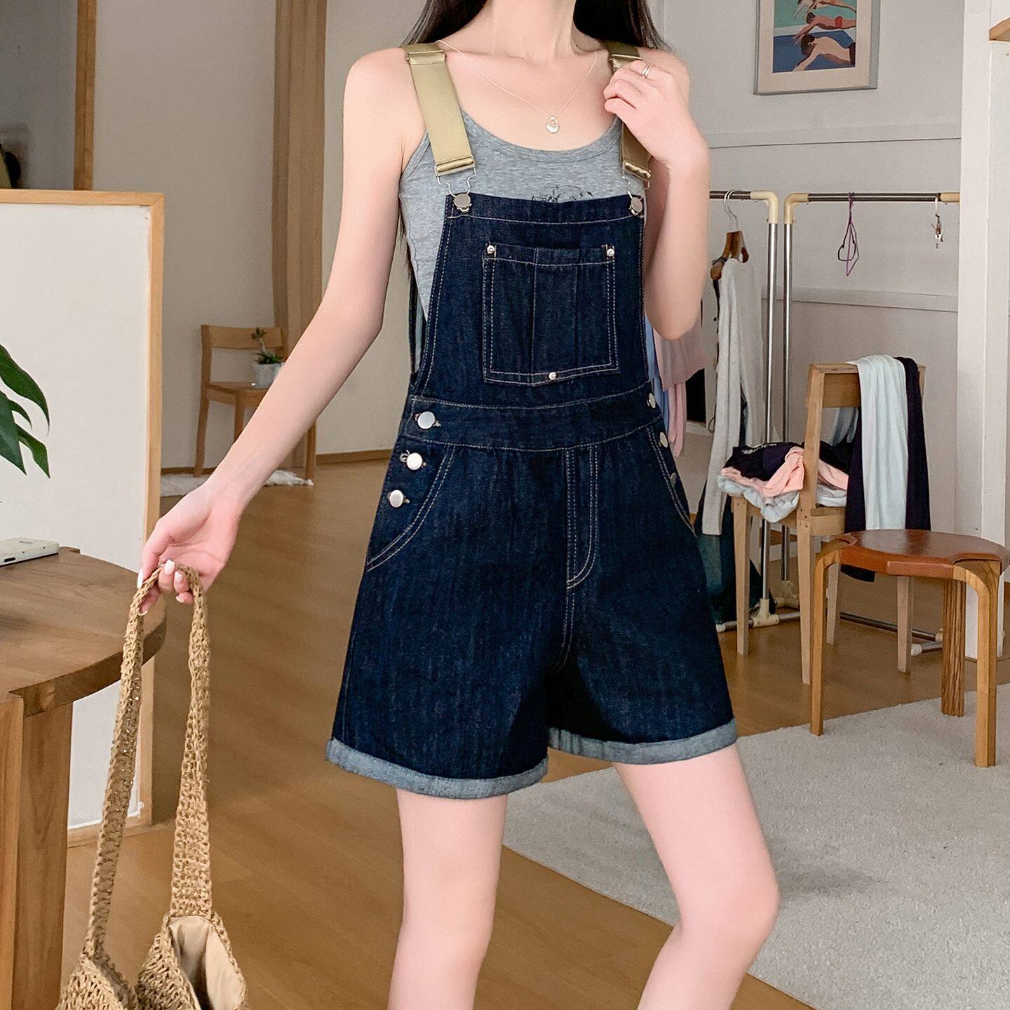 夏季女高腰显瘦牛仔背带短裤