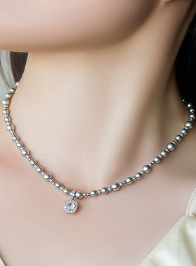 新款麻灰色珍珠项链夏季女高级感轻奢简约方糖锆石吊坠锁骨X-915