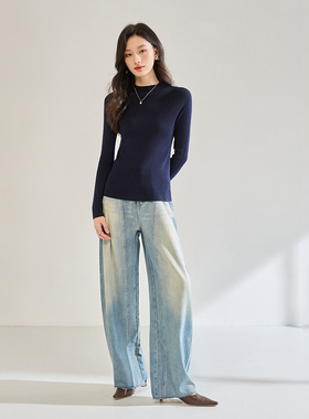 2025秋季新款高腰阔腿裤宽松水洗浅蓝色弯刀牛仔裤女SH PT7017