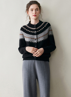 徕倩2025秋冬新款条纹提花插肩复古女山羊绒撞色毛衣 BM KT6208