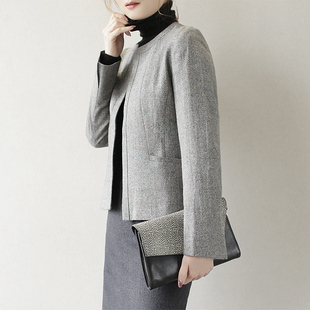 通勤OL圆领羊毛纯色小外套 女气质修身 JK3731 新品 2025徕倩秋季