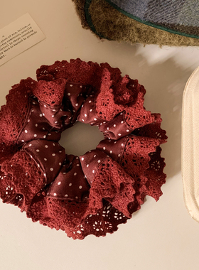 复古红色波点缎面蕾丝大肠发圈女高级感气质新年双层头饰扎头发