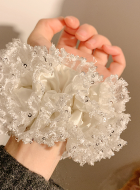气质小众白色亮片缎面大肠发圈女高级感重工头饰发绳扎头发丸子头