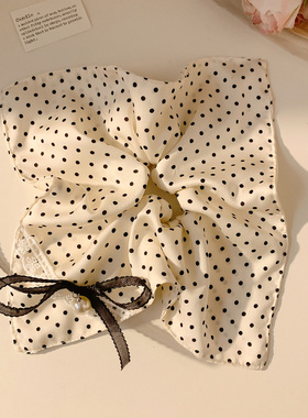 白色缎面波点蝴蝶结方巾大肠发圈女韩系简约百搭头绳方形发饰扎头
