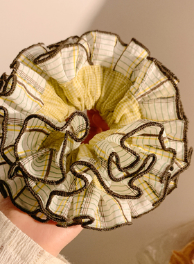 超大号黄色格子花边大肠发圈女高级感气质复古头绳发饰扎头发韩系