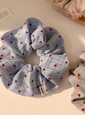 简约蓝色格子波点大肠发圈女慵懒风韩系百搭头绳发饰扎头发超大