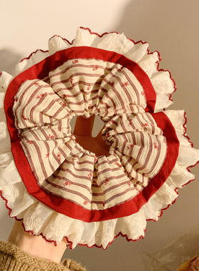 本命年红色条纹花边大肠发圈女韩系复古气质头饰发绳扎头发超大