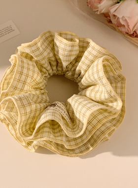 小清新黄色格子大肠发圈女韩系复古百搭春夏季头绳发饰扎头发超大
