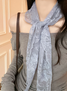 韩系新款蓝色蕾丝丝巾女氛围感气质薄款包头三角头巾领巾屁帘春季