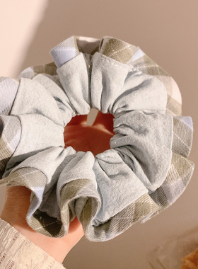 复古简约蓝色格子大肠发圈女高级感小众头绳发饰扎头发慵懒风新款