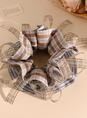 高级感蓝色格子小蛮腰大肠发圈女韩系蝴蝶结双层头绳发饰扎头发