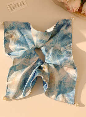 梦幻星空~蓝色晕染缎面方巾发圈女油画风头饰方形发绳超大号扎头