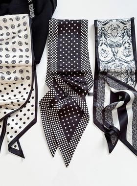 气质高级感黑色波点腰果花丝巾女简约复古系脖领巾时髦长条配饰