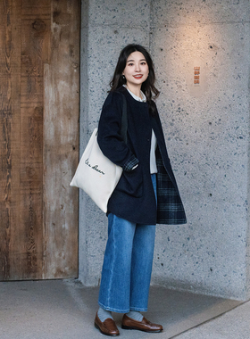 apipedream如一梦 藏青格纹圆领廓形宽松冬季双面呢大衣/海屿听风