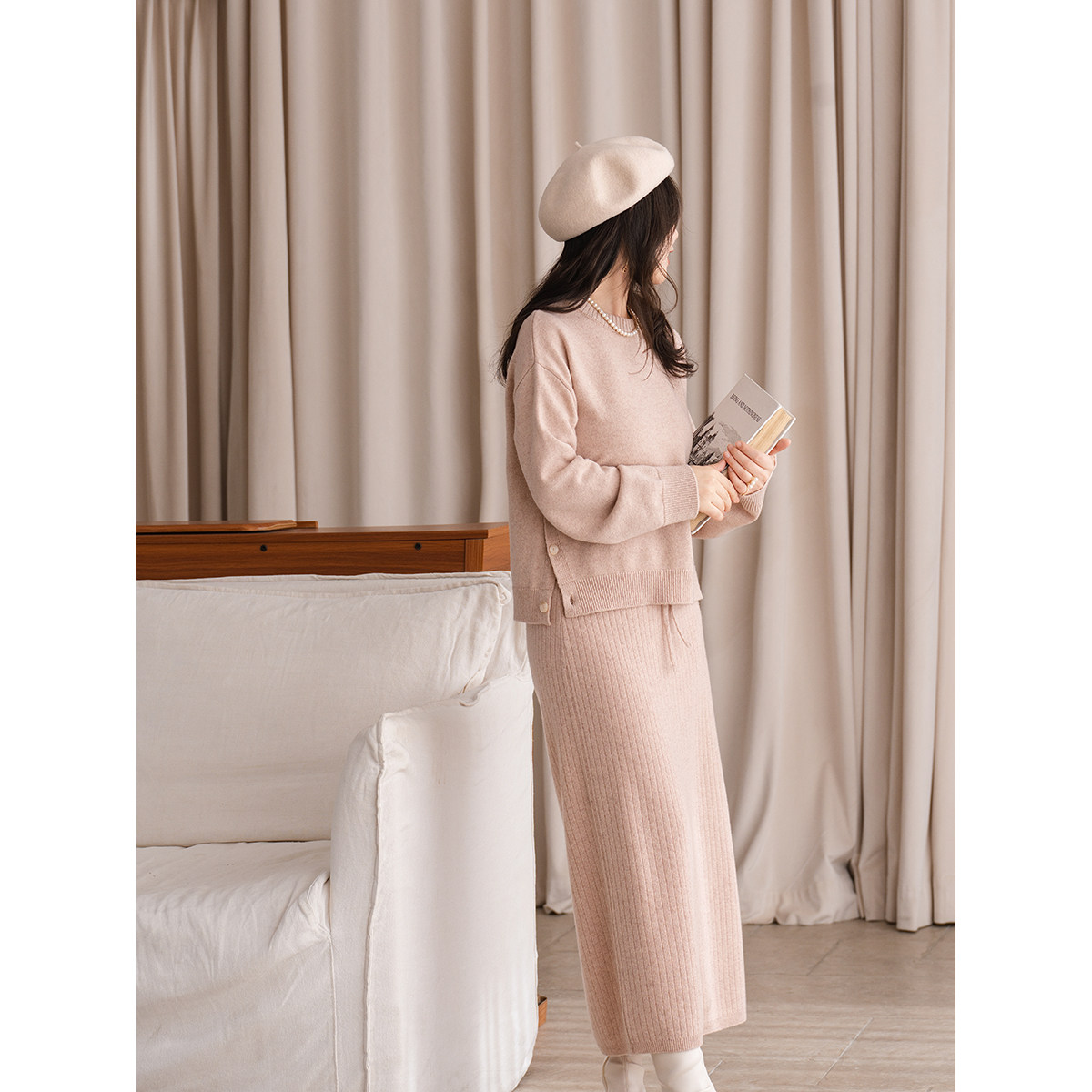 apipedream如一梦 侧边开衩美利奴绵羊毛针织套装/长记海棠