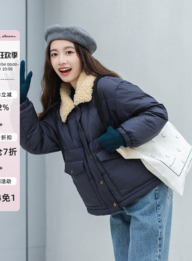apipedream如一梦 藏青羊羔毛翻领白鸭绒短款羽绒服/绵绵海岚