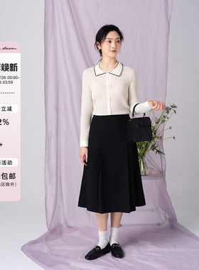 apipedream如一梦 简约气质休闲黑色打褶松紧西装半身裙/清夜拨弦