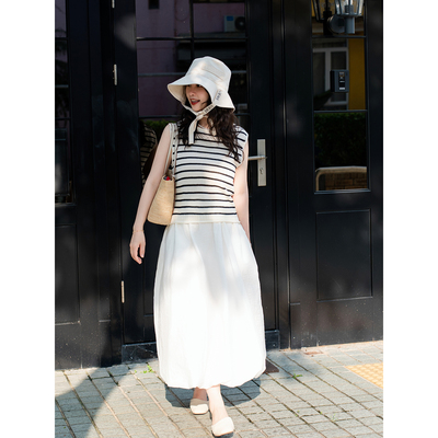 apipedream如一梦 和纸纱黑白条纹无袖撞色圆领针织衫/浪潮间奏