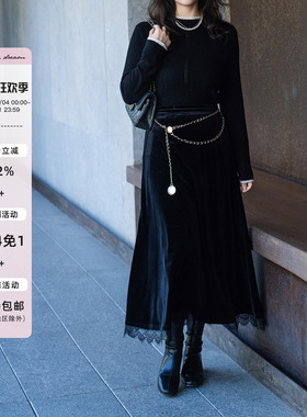 apipedream如一梦 黑色韩国进口丝绒蕾丝拼接百搭半身裙/舒曼夜曲